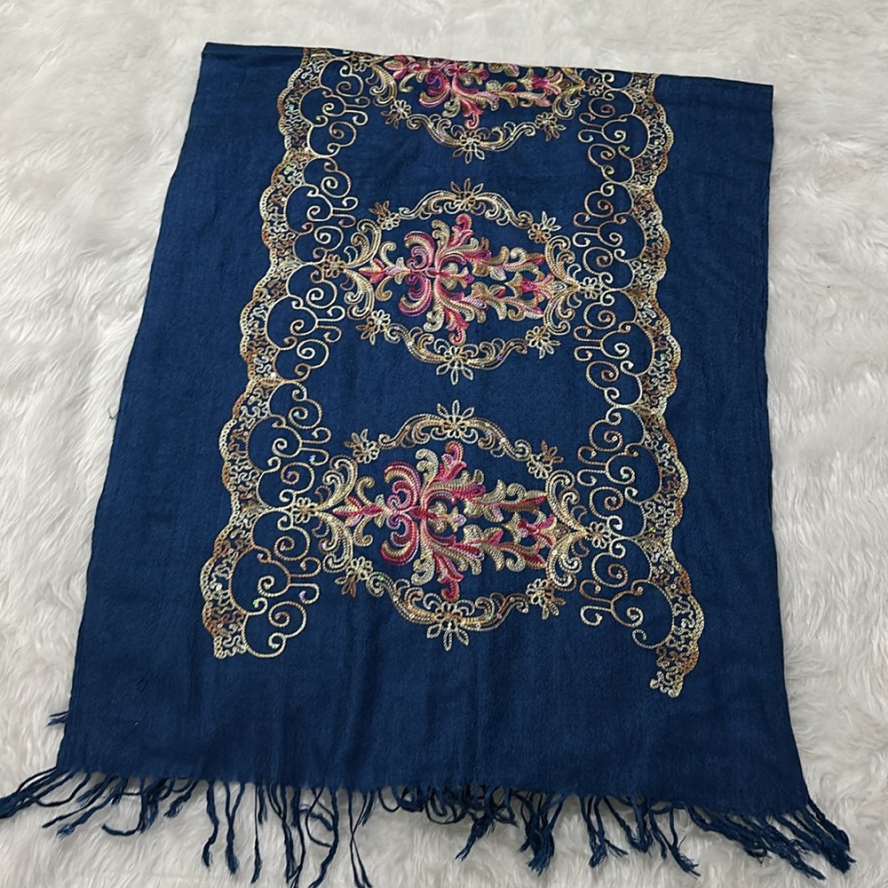 Blue embroidered floral sequin sparkling big long scarf